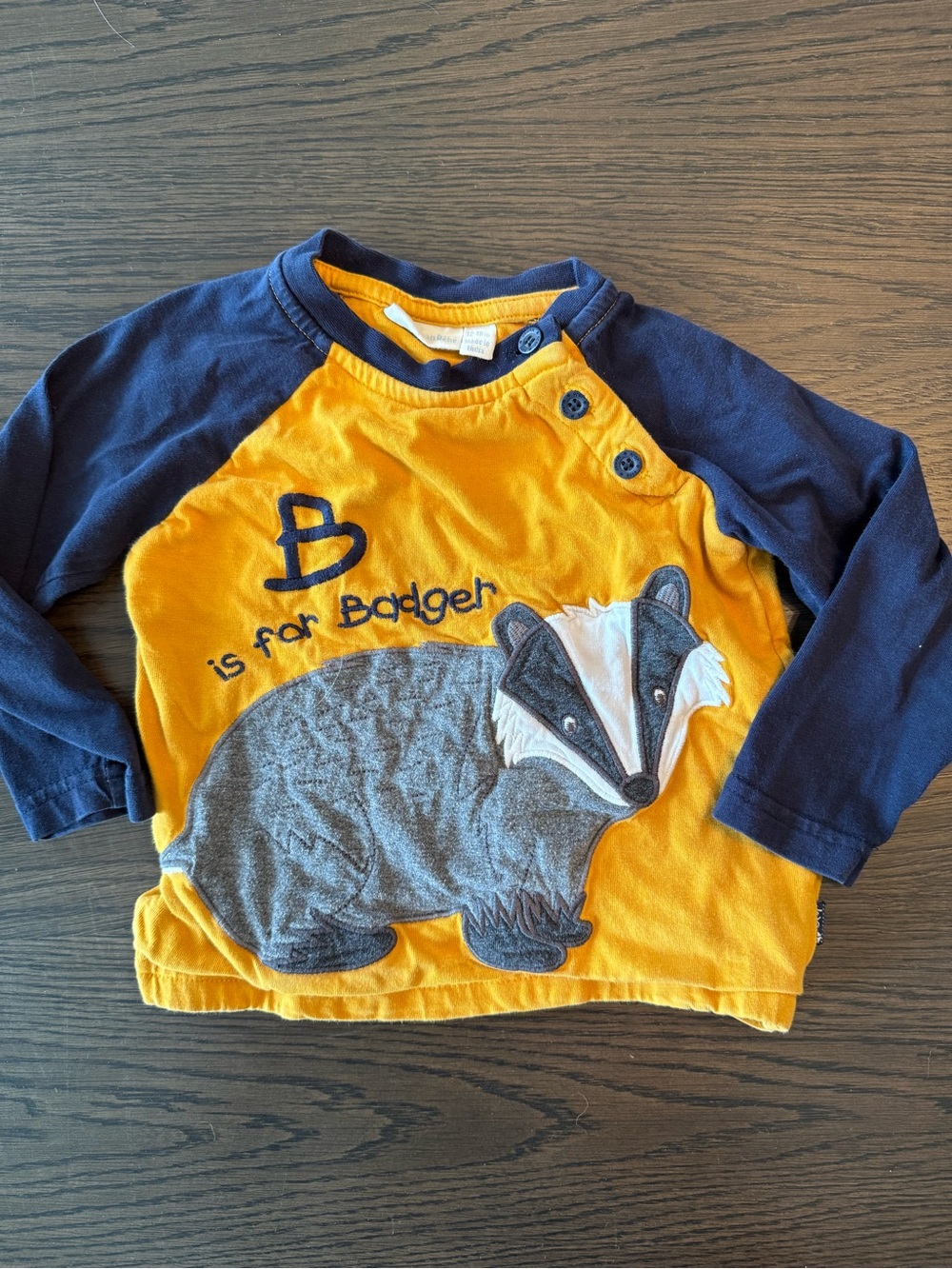 JoJo Maman Bebe Yellow and Navy Raglan Top with Badger Appliqué